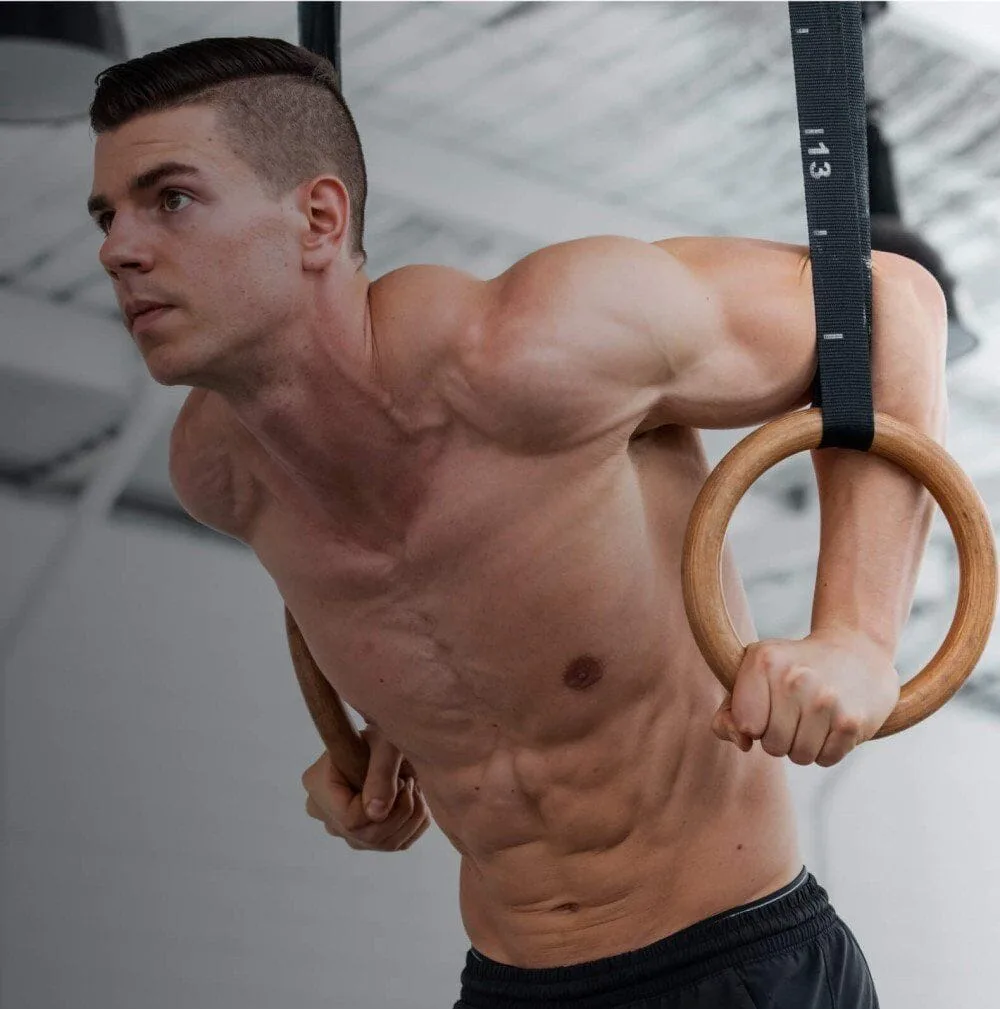 Daniel Vadnal (Fitness FAQs) performing dips on wooden gymnastic rings